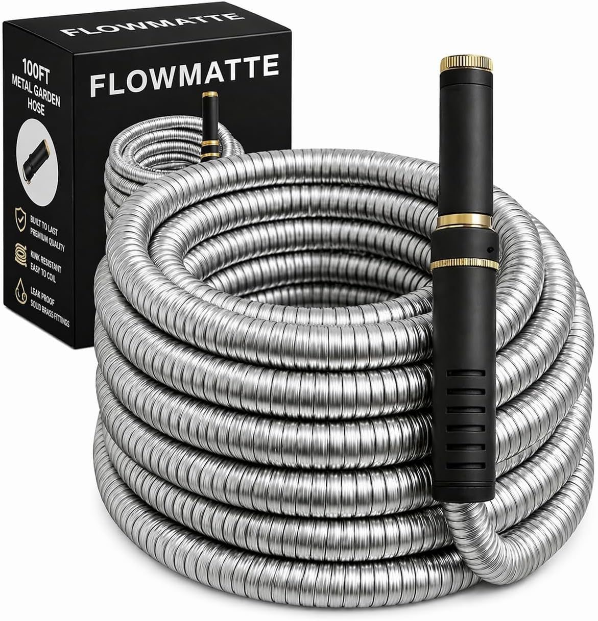 100 FT Metal Garden Hose, Stainless Steel Water Hose, Kink-Free Lightweight Heavy Duty Garden Hose with Brass Fittings & Nozzle, Flexible Non-Expandable Hose
