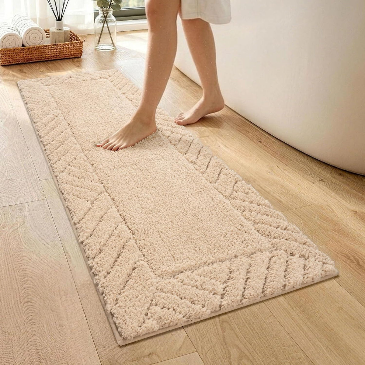 48X17 Long Bathroom Runner Rugs Beige, Non Slip Washable Bath Rugs