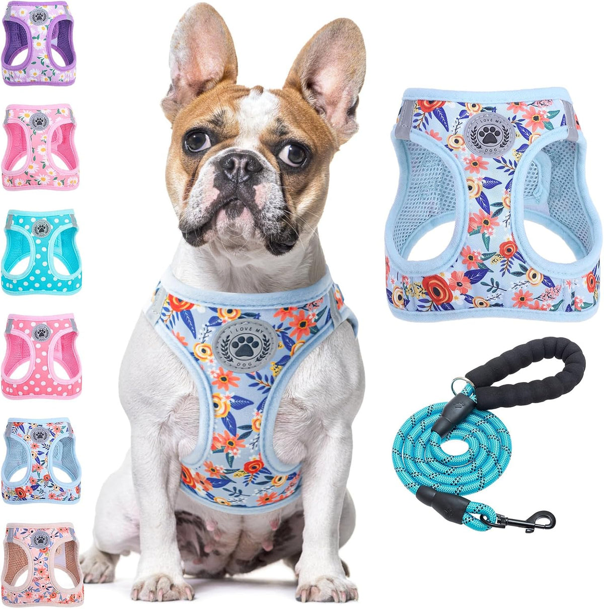 Large Dog Harness and Leash Set,No Pull Puppy Pet Vest - Floral,L