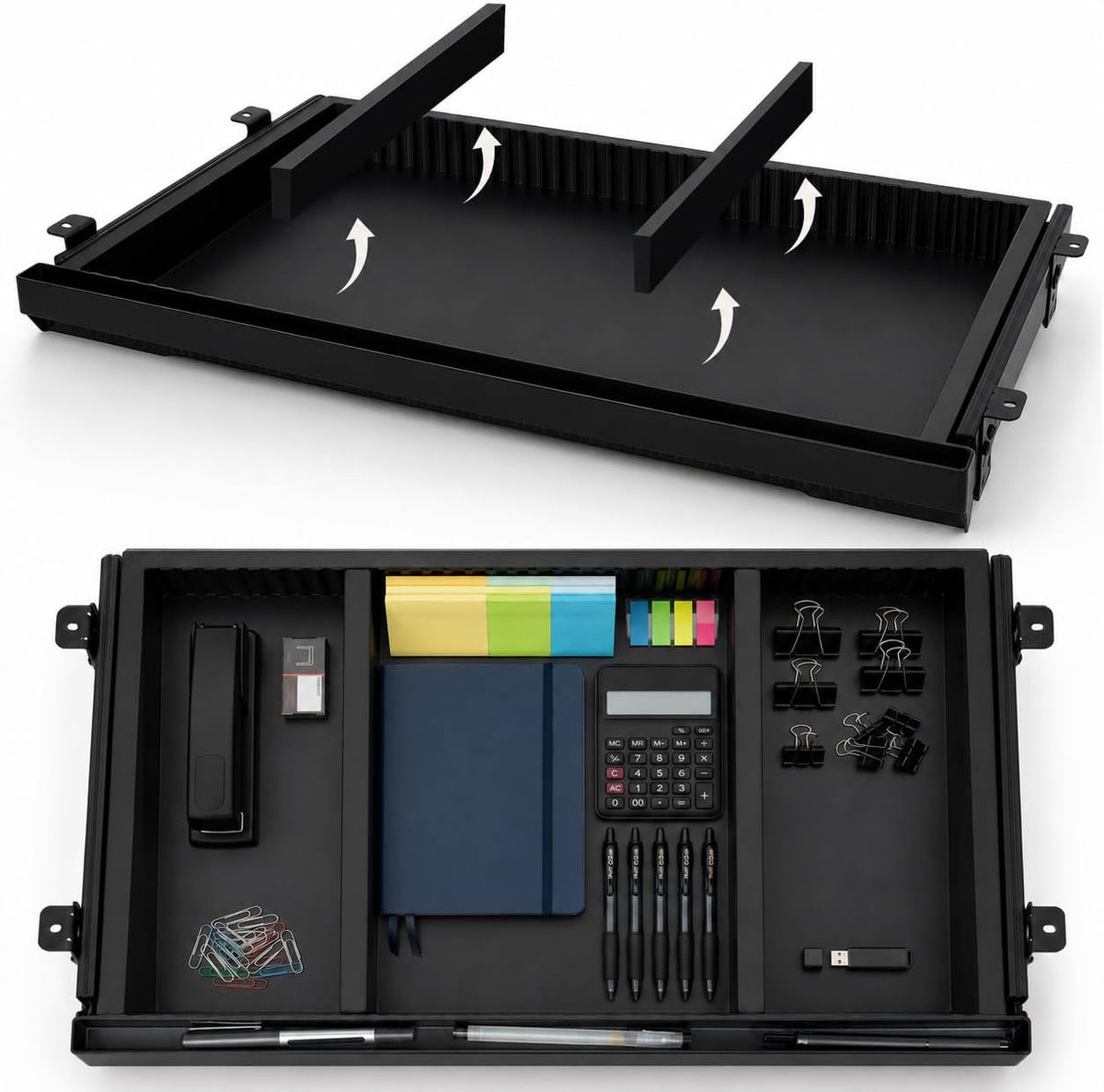Under Desk Drawer with Adjustable Dividers, 23.35", Black