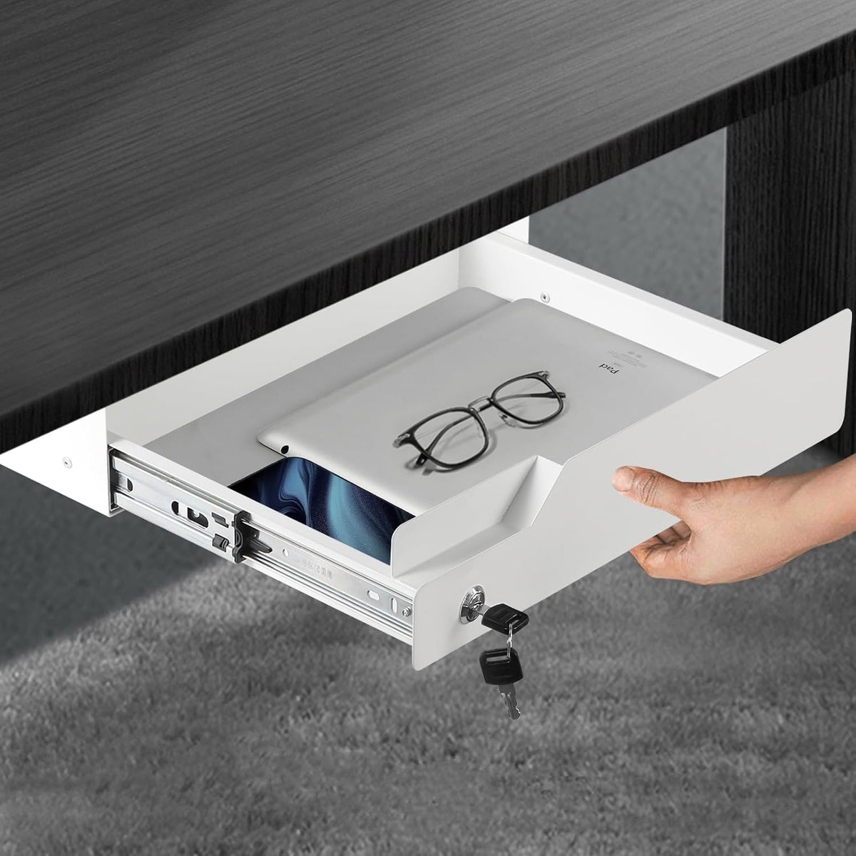 Under Desk Drawer Storage with Lock, Metal Undermount Table Drawer, Ball Bearing Slides Out Tray Organizer for Paper, Pencil, and Laptop 16"X11.8"X3.6", White