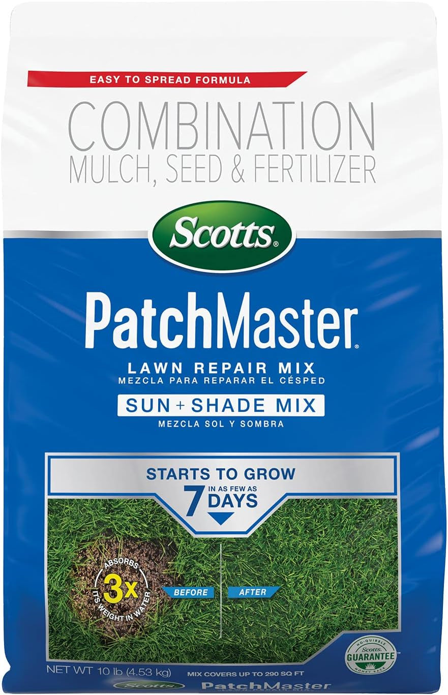 Scotts Patchmaster Lawn Repair Mix Sun and Shade Mix - 10 Lb, All-In-One Bare Spot Repair, Feeds for up to 6 Weeks, Fast Growth and Thick Results, Covers up to 290 Sq. Ft.