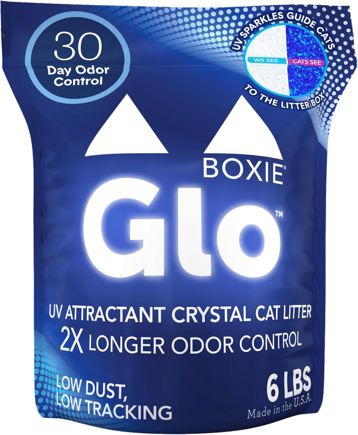 Boxie® Glo™ 30 Day Odor Control Non-Clumping Crystal Cat Litter, 6 Lb, Natural Attractions, UV Light Attractant, Soft Granules, 99.9% Dust-Free, Long-Lasting for Multi-Cat Homes