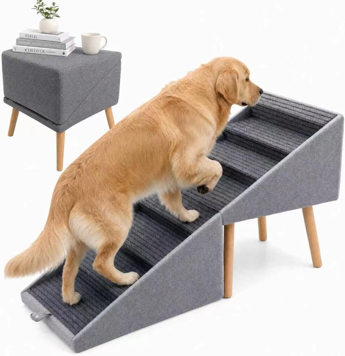 Wooden Dog Stairs for Bed - 2-In-1 Converts to Ramp & Nightstand