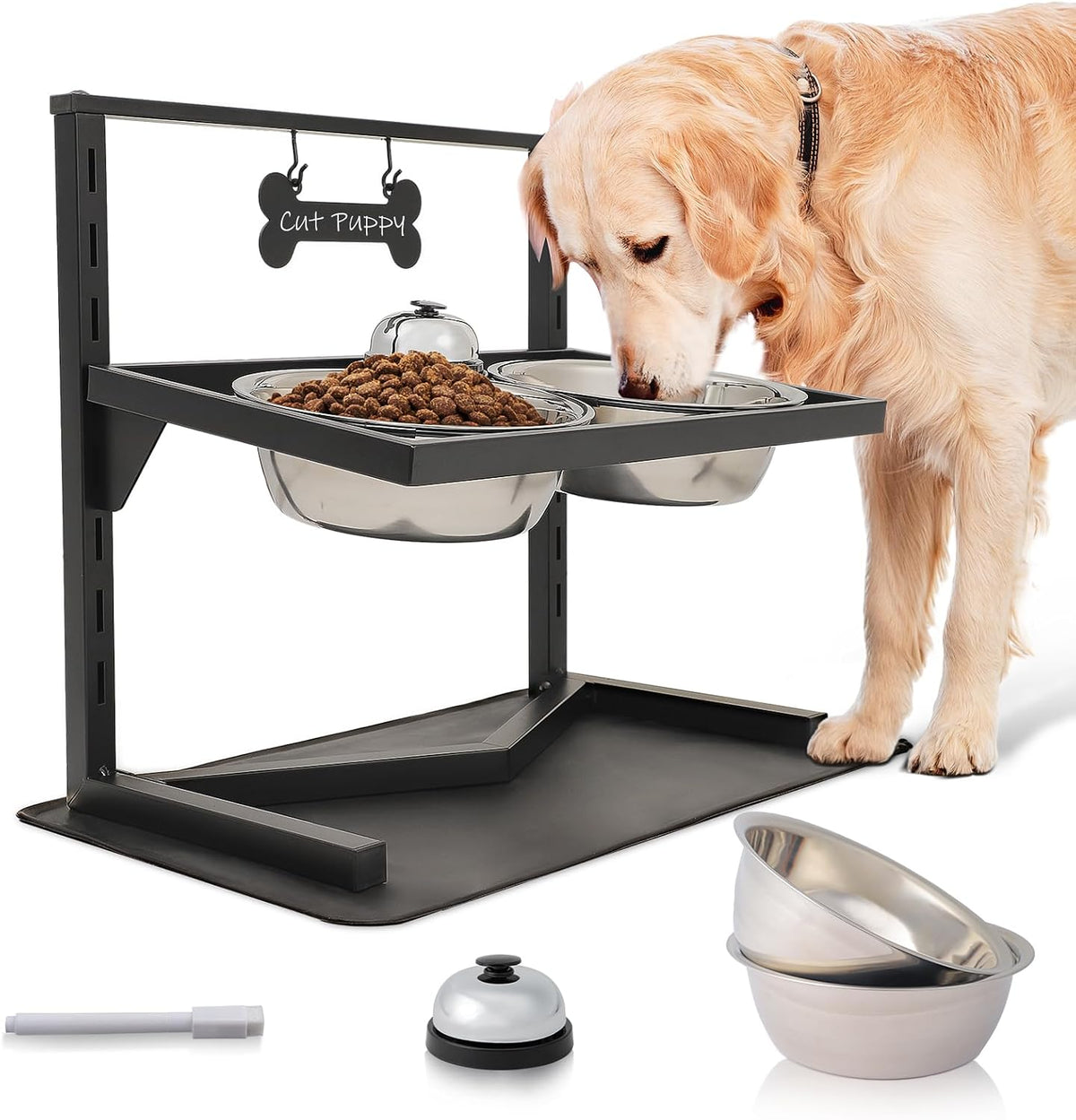 Grand Line Elevated Dog Bowls - 7 Height Adjustable, 10 Tilted Raised Stand with Spill Proof Mat, Two 1.5L Stainless Steel Food Water Bowls for Large Medium Small Dogs (15.4" H)