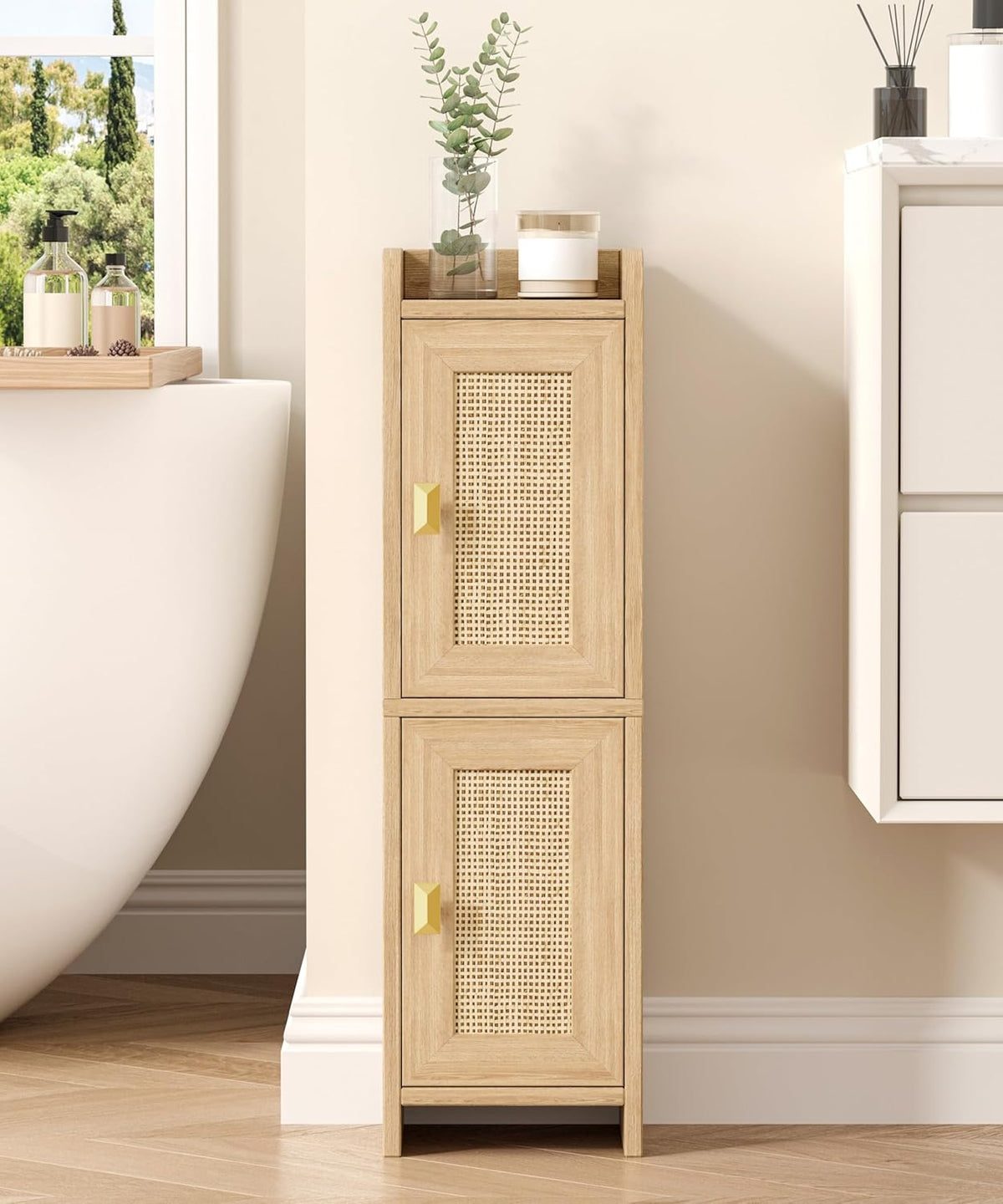 Akxomel Rattan Small Bathroom Cabinet Narrow Toilet Paper Organizer Oak
