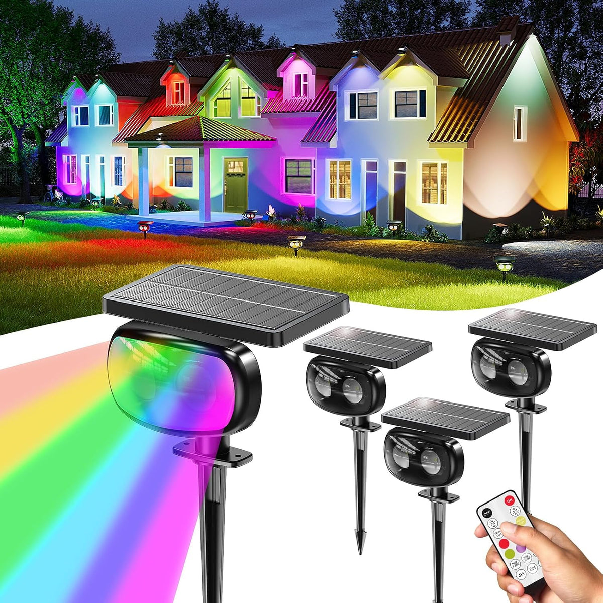 Solar Spot Lights Outdoor Waterproof IP68,RGB Spotlights with Remote,4-Pack