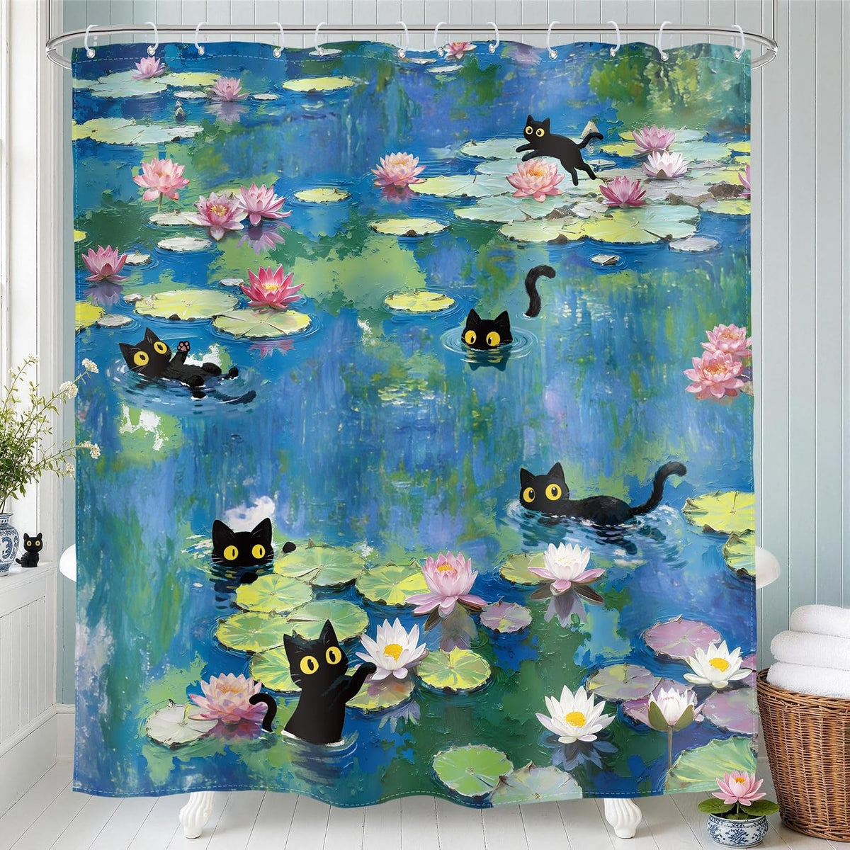 Glawry Cute Black Cat Shower Curtain Funny Whimsical Bathroom Curtain Set