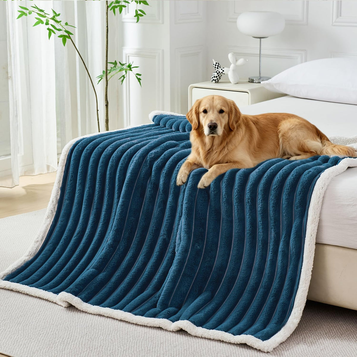 PERFEMET Waterproof Large Dog Blanket, Washable Leakproof Bed Sofa Couch Cover Protector for Puppy Kitten, Reversible Soft Warm Pet Fleece Calming Throw Blankets for Dogs Cats, 60"X80", Blue