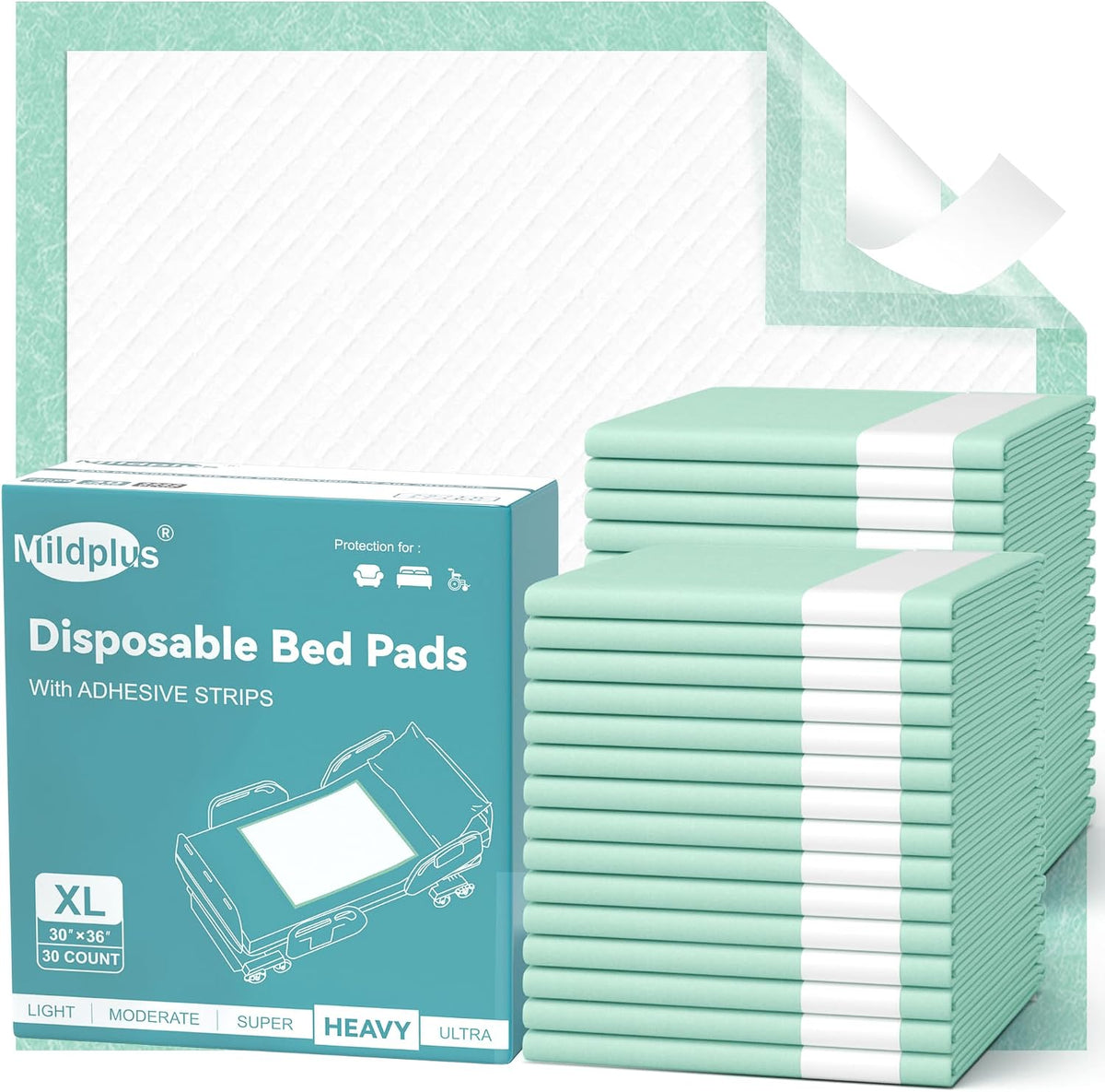 MILDPLUS Disposable Bed Pads with Adhesive Strip 30" X 36" (30 Counts)