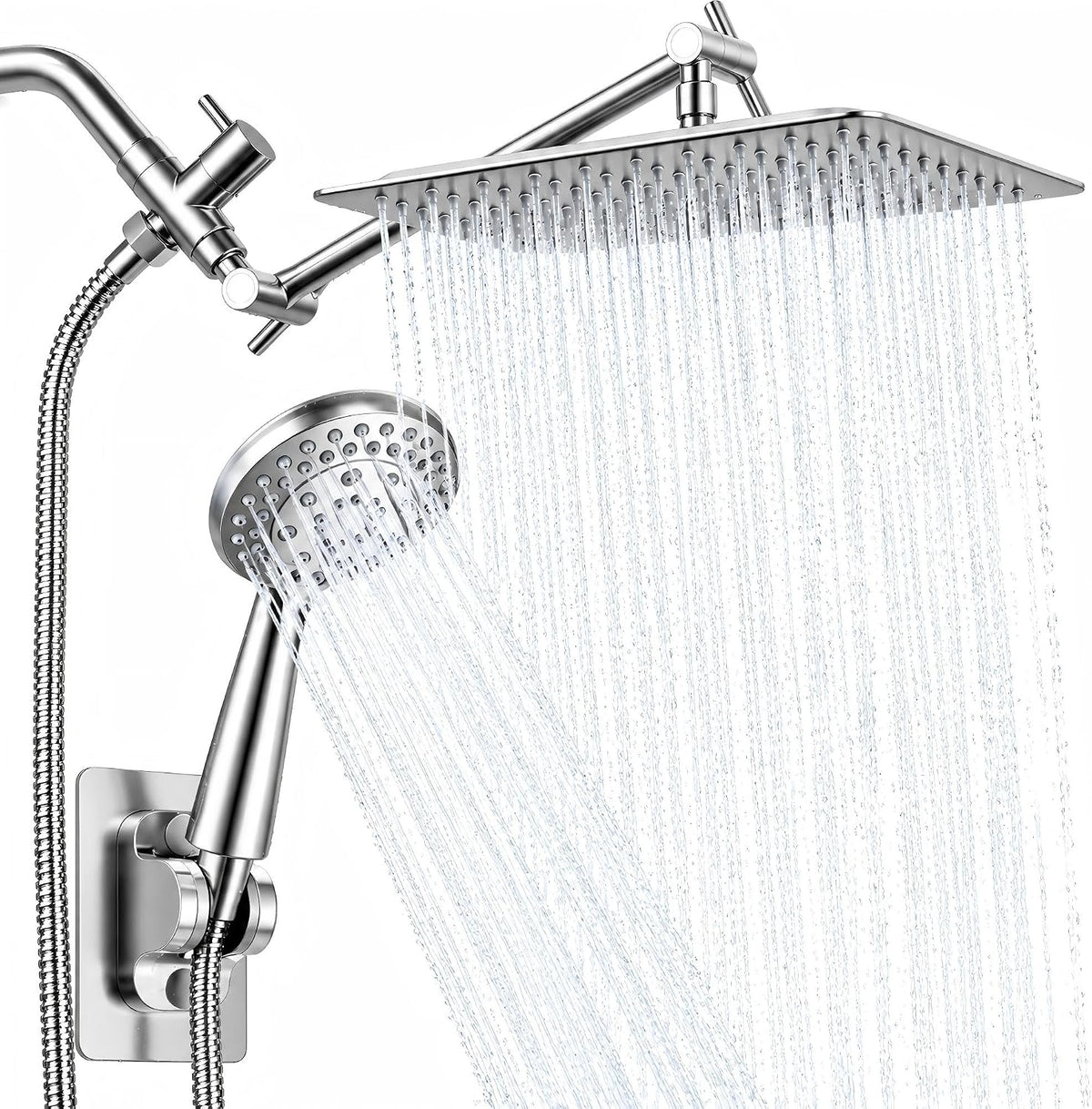 Shower Head with Handheld Spray, 8" High Pressure Rain Shower Head Combo with Adjustable Extension Arm, 5 Spray Modes Dual Showerhead Set, Detachable Handheld Shower, 304 Stainless Steel, Chrome