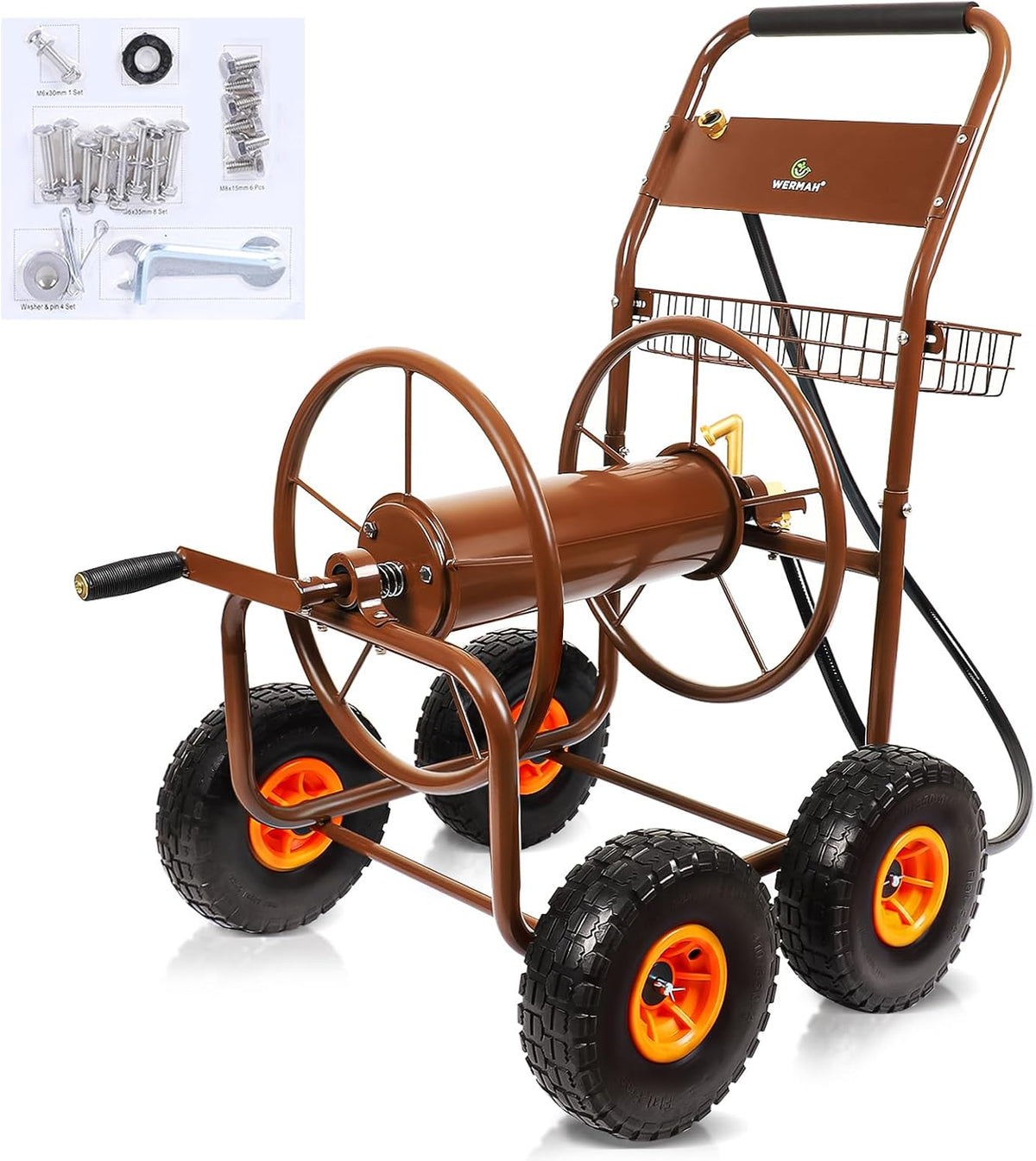 WERMAH Upgrade Hose Reel Cart, Garden Hose Cart 4 Wheels, Holds 300Ft 5/8"