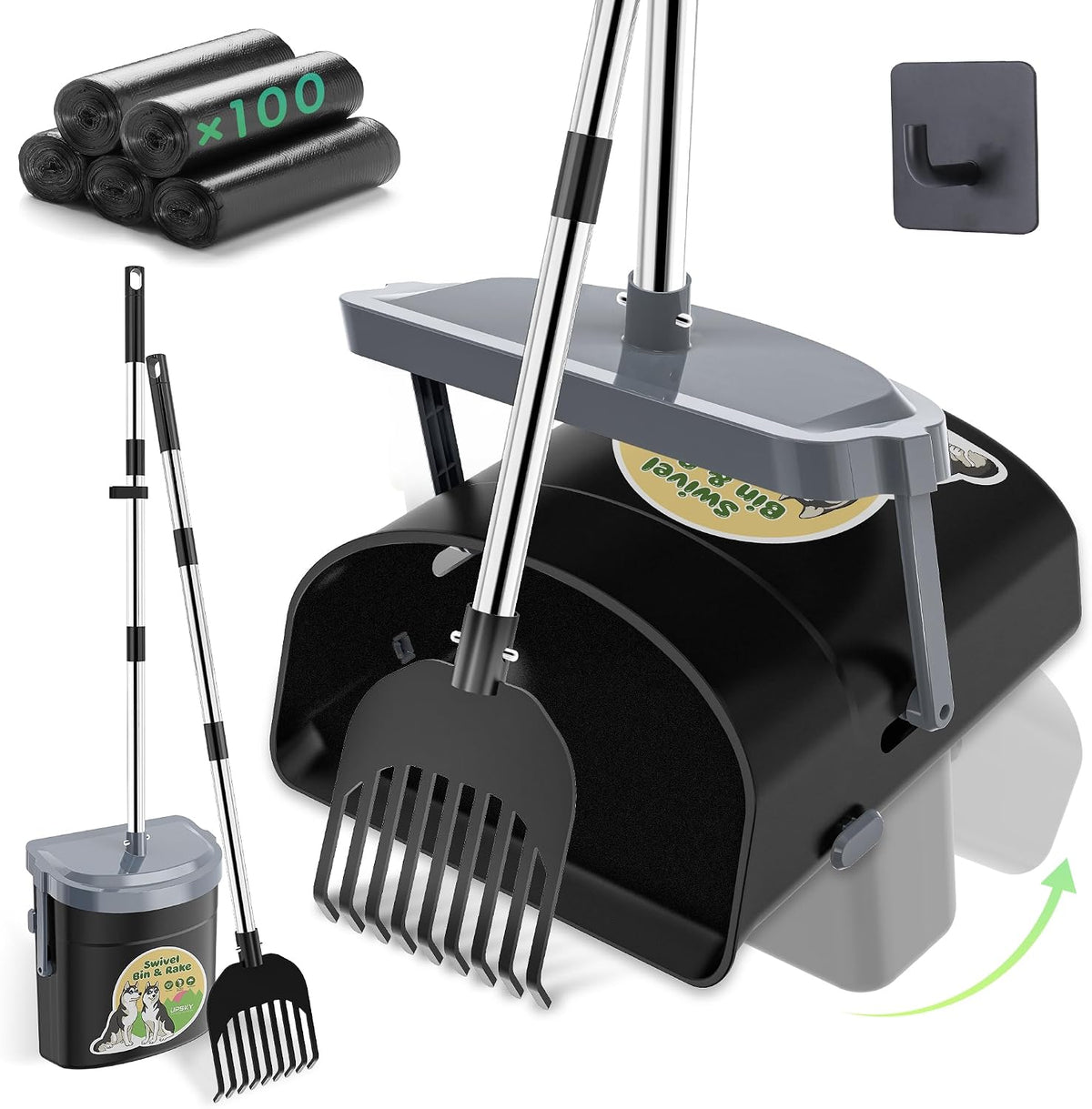 UPSKY 33.4" Dog Pooper Scooper Swivel Bin & Rake Kit with 100 Waste Bags