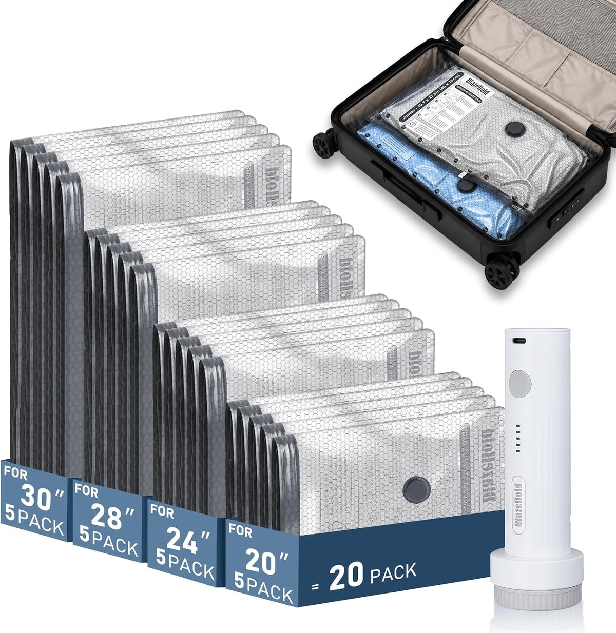 20 Pack Travel Vacuum Bags with Pump, Thickened, 3-Zipper Seal Upgrade