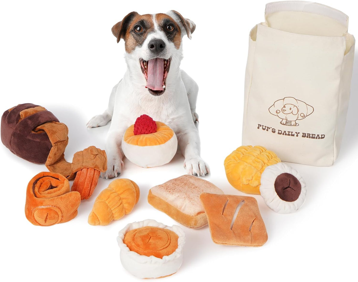 Nocciola Squeaky Bread Stuffed Dog Toys Pack - Puppy Toys with Grocery Bag to Keep Them Busy, Small Dog Toys for Boredom, Durable Snuffle Dog Toys for Small Medium Breeds Pet Gift