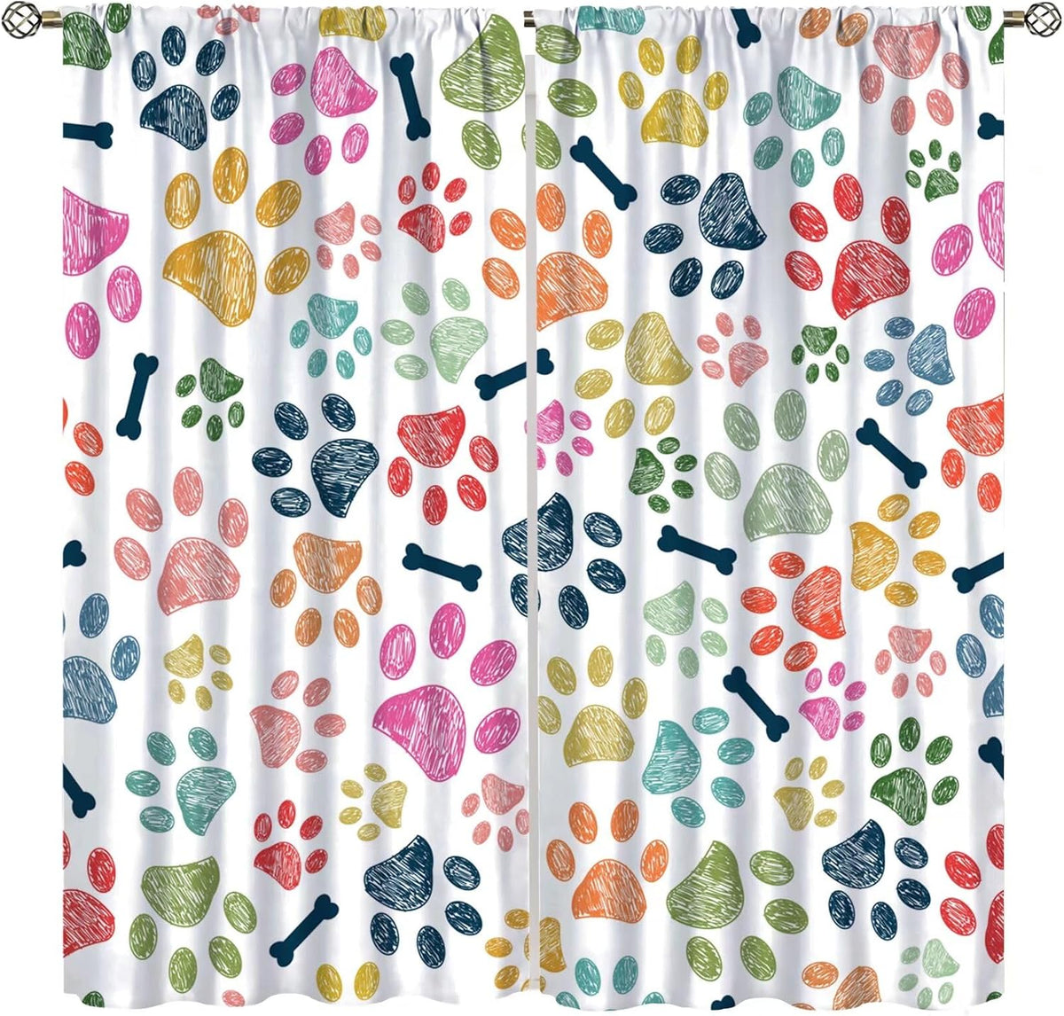 Dog Lover Kitchen Curtains, Hand Drawn Paw Print Doodles Circular Pattern Children Drawing Style Animal, Window Drapes Set 2 Panels,42X63 Inches