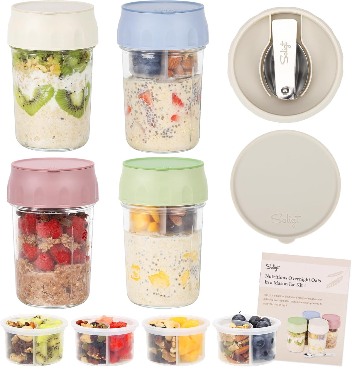 SOLIGT 4 Pack Overnight Oats Containers with Lids, Folding Spoons and Divided Compartments for Fruit & Nuts, Small Glass 16Oz Mason Jars for Oatmeal (4 Set-Oat White/Green/Rose/Blue)