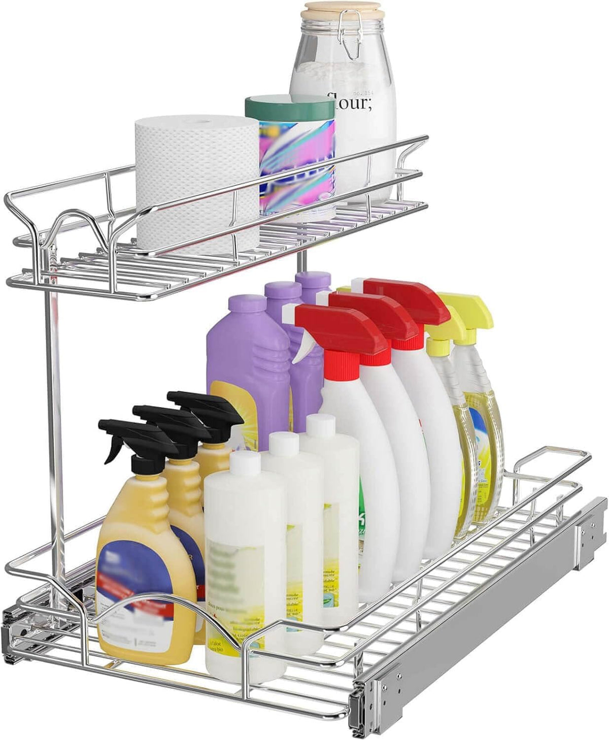 OCG under Sink Cabinet Organizer Two Tier Pull Out Shelf (11.75W X 17D), under Sink Sliding Shelf for Kitchen Bathroom Cabinet 2 Tier Chrome