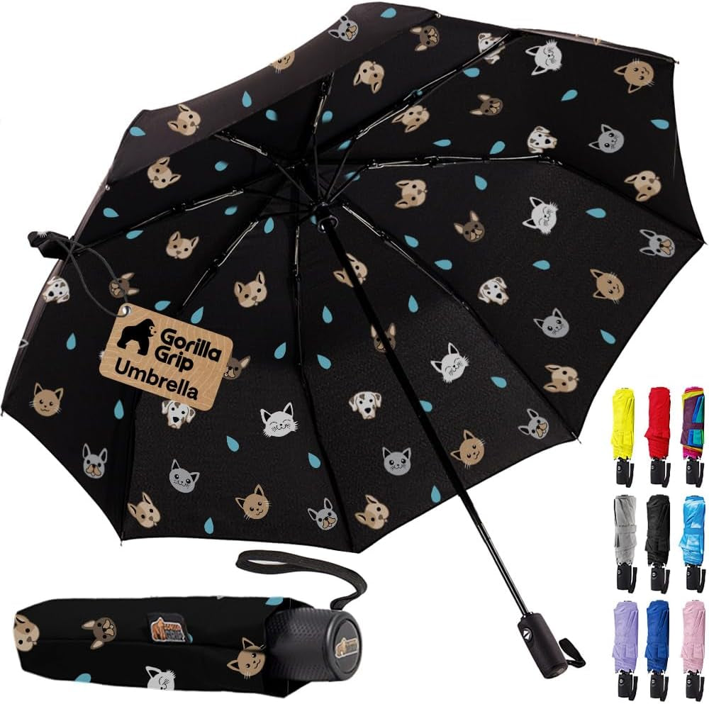 GORILLA GRIP Compact Travel Size Umbrella for Rain, Cats and Dogs