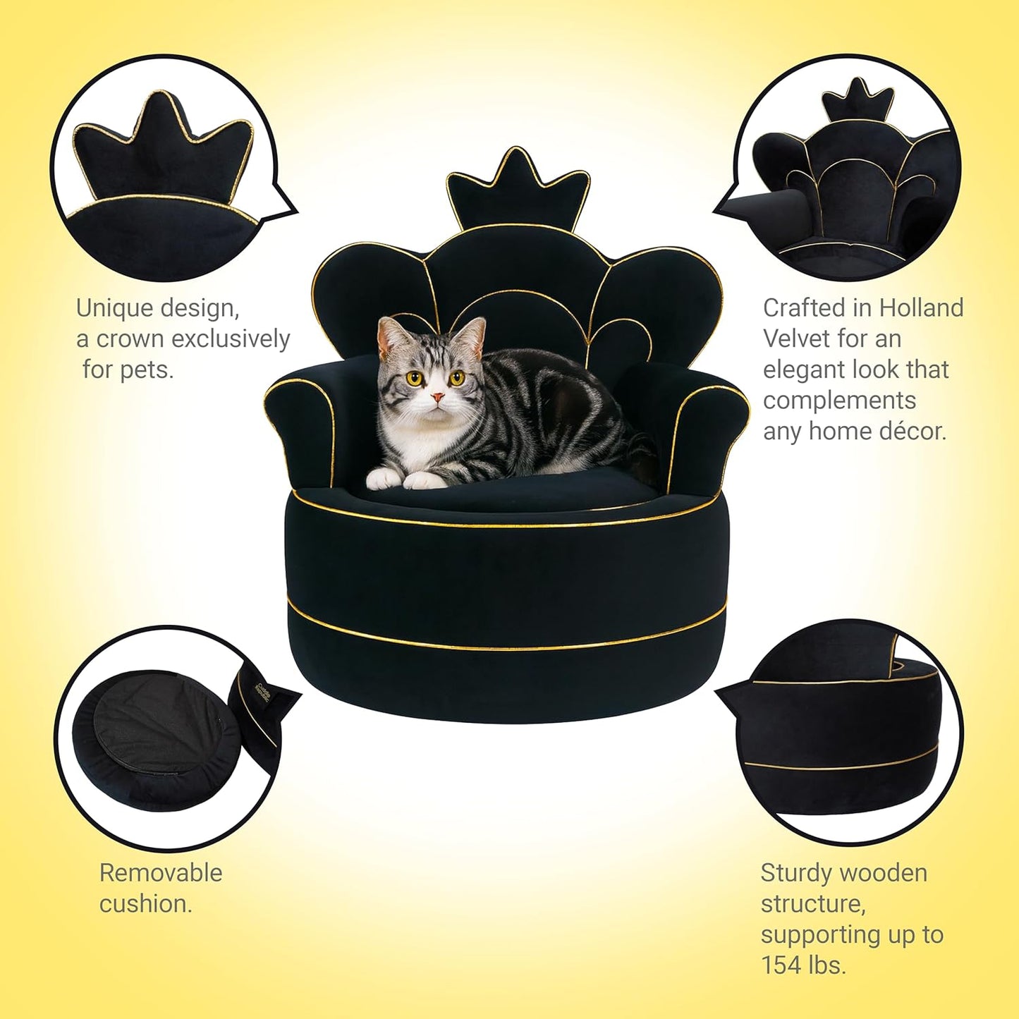 Premium Pet Sofa – Holland Velvet Dog and Cat Throne Chair, Black & Gold Design, Cozy & Soft, Scratch-Resistant & Durable, Perfect for Home Décor & Pet Lovers