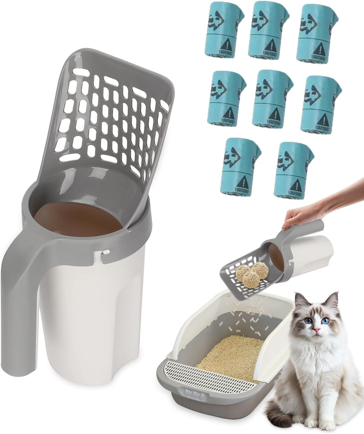 Cat Litter Scoop with Bag, 120 Refill Bags, Portable Litter Box Scooper