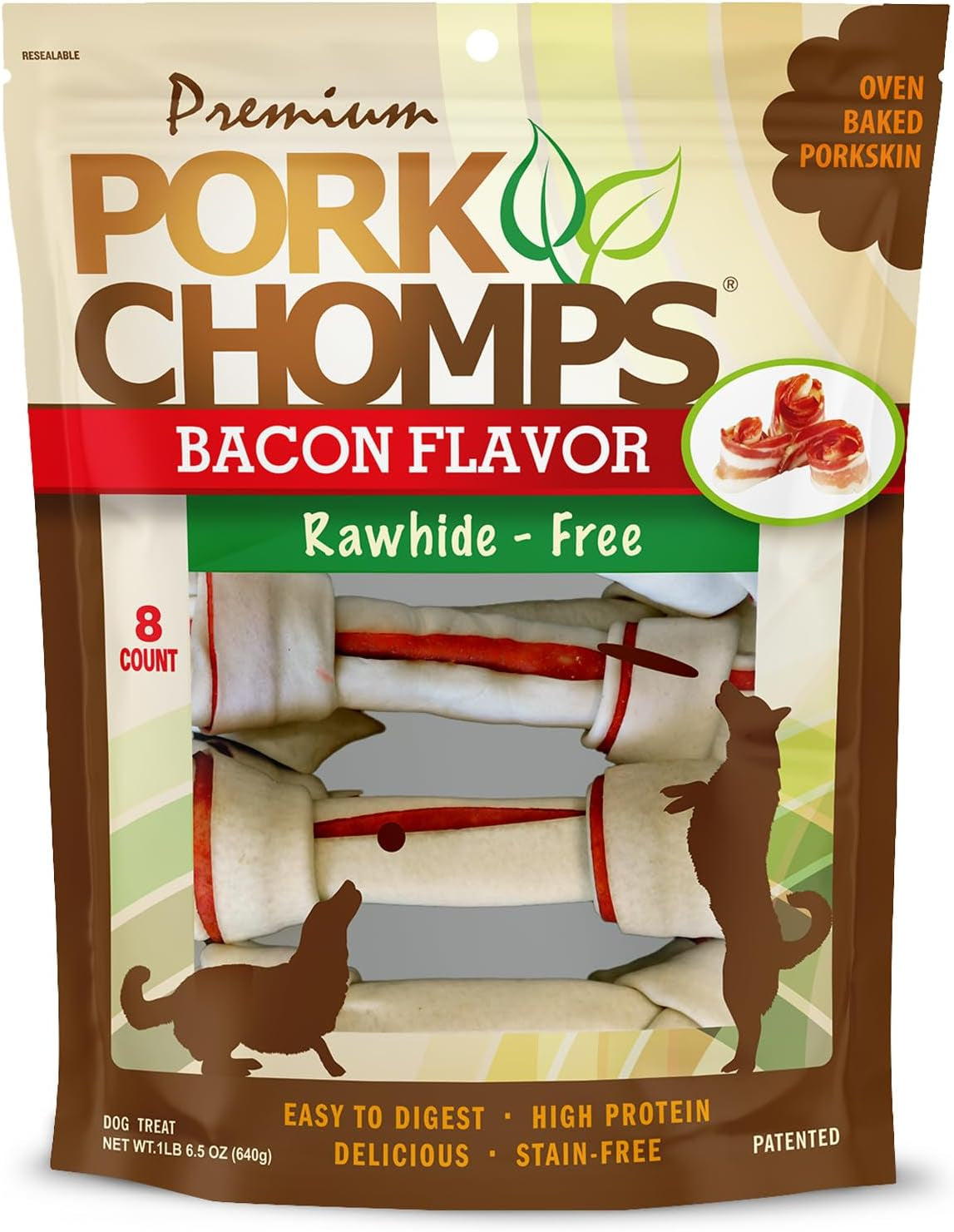 Pork Chomps Baked Pork Skin Dog Chews, 6 in Knots, Bacon, 8 Count