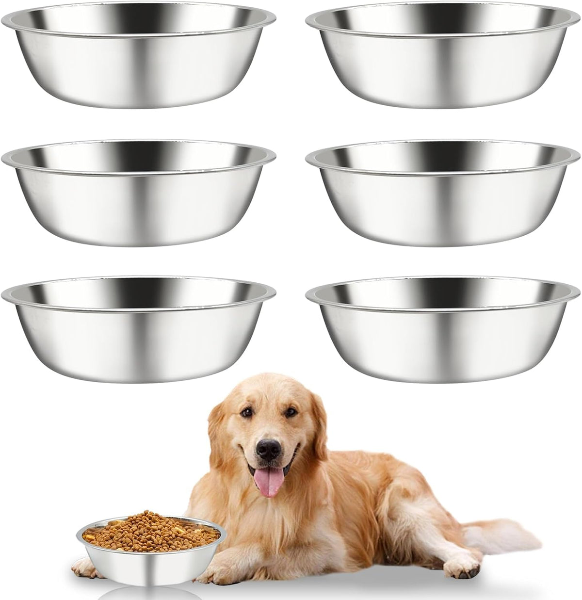 Kathson 6 PCS Large Stainless Steel Dog Bowls, Replacement Metal XL Pet Puppy Food Water Bowl Set Suit for Indoor Outdoor, Dog Feeding Dish for Small, Medium, Large Dogs, Dishwasher Safe (8.9 In)