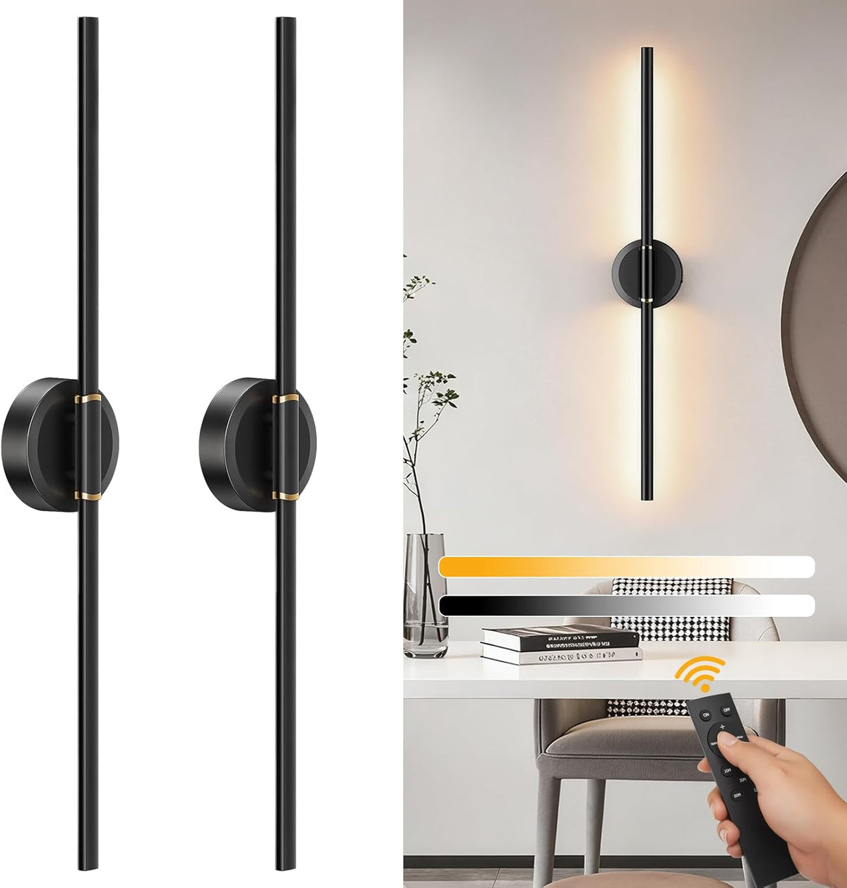Battery Operated Wall Sconces Set of 2, Dimmable 6000Mah Rechargeable Wall Lights, LED Wall Lamp with Remote Control