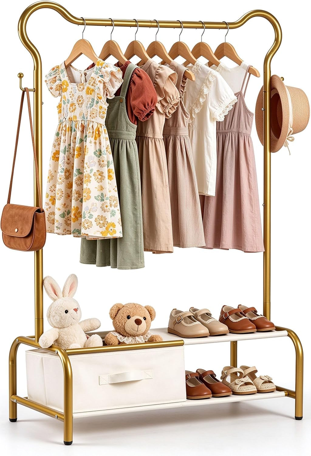 Baby Closet Organizer, 3-Tier Kids Clothing Rack with Drawer, Gold