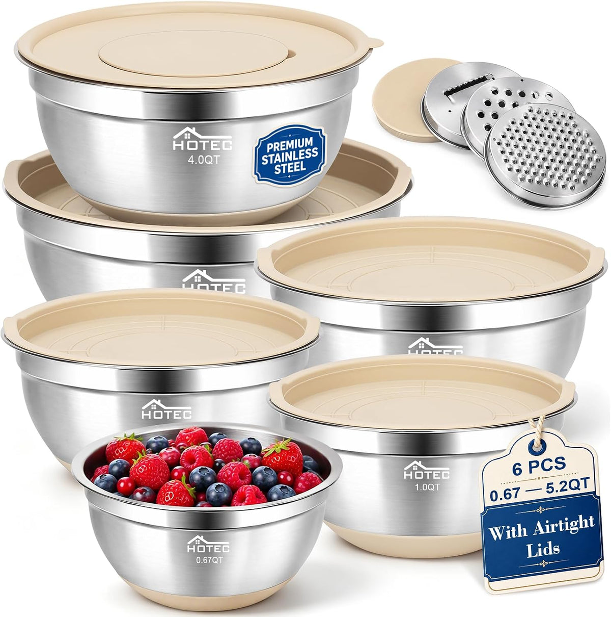 HOTEC Stainless Steel Mixing Bowls with Lids, 6 Nesting Bowls for Prepping