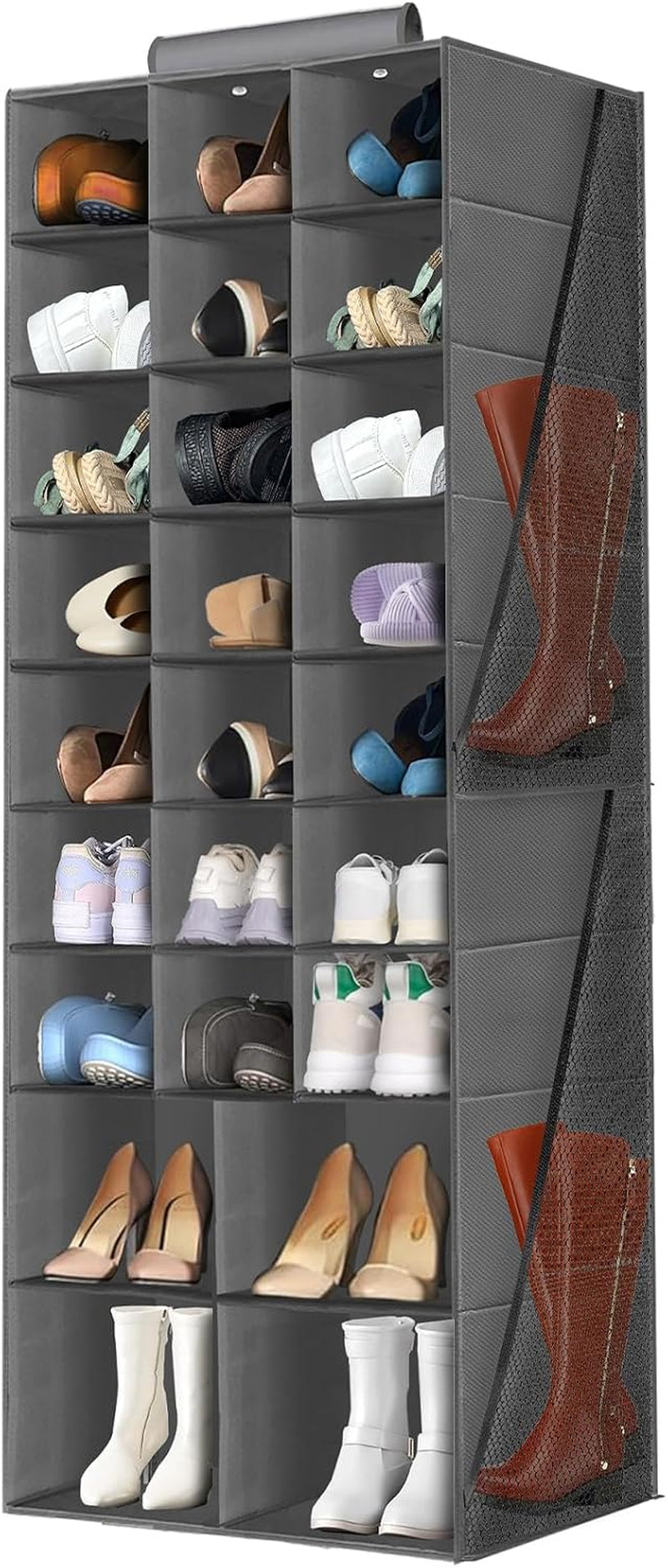 Hanging Shoe Organizer for Closet, Closet Hanging Shoe Storage Rack Holder Shelves,Collapsible Shoe Closet Organizers and Storage with 4 Large Side Pockets,25 Sections for Shoes,Hats,Clothes(Gray)