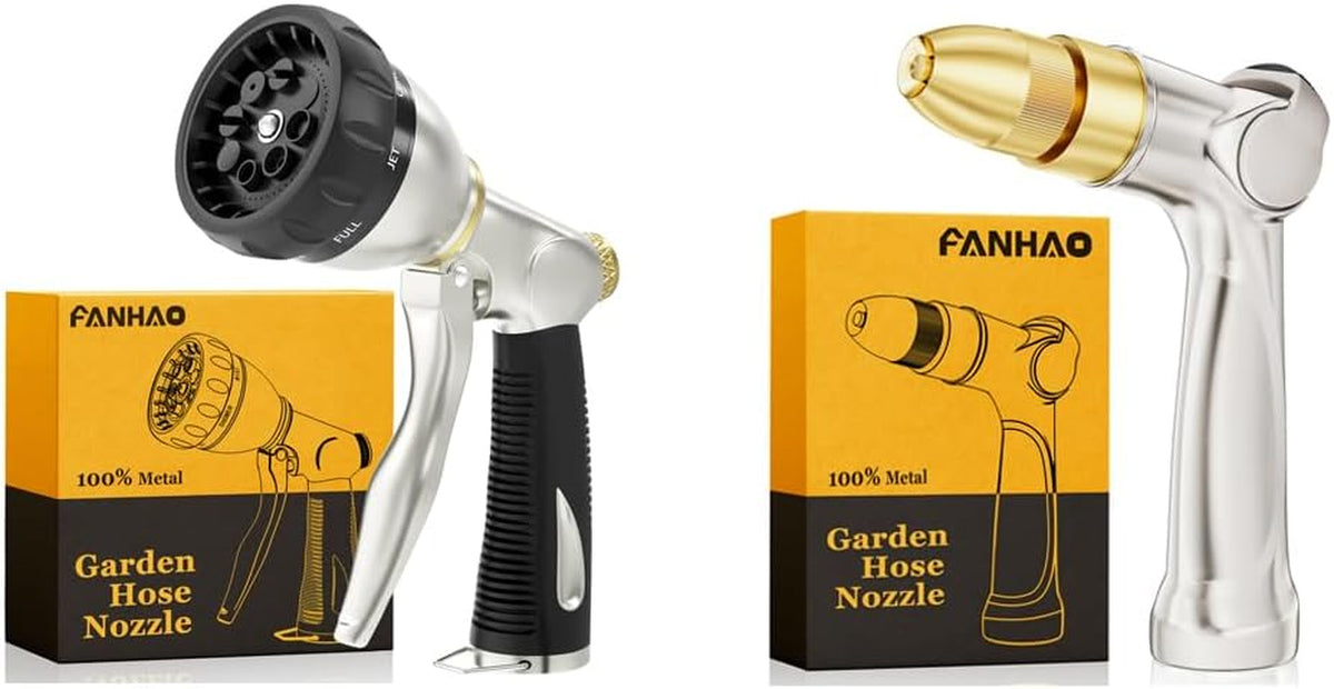 FANHAO Heavy Duty Garden Hose Nozzle + 100% Metal Thumb Control Water Nozzle with Brass Tip