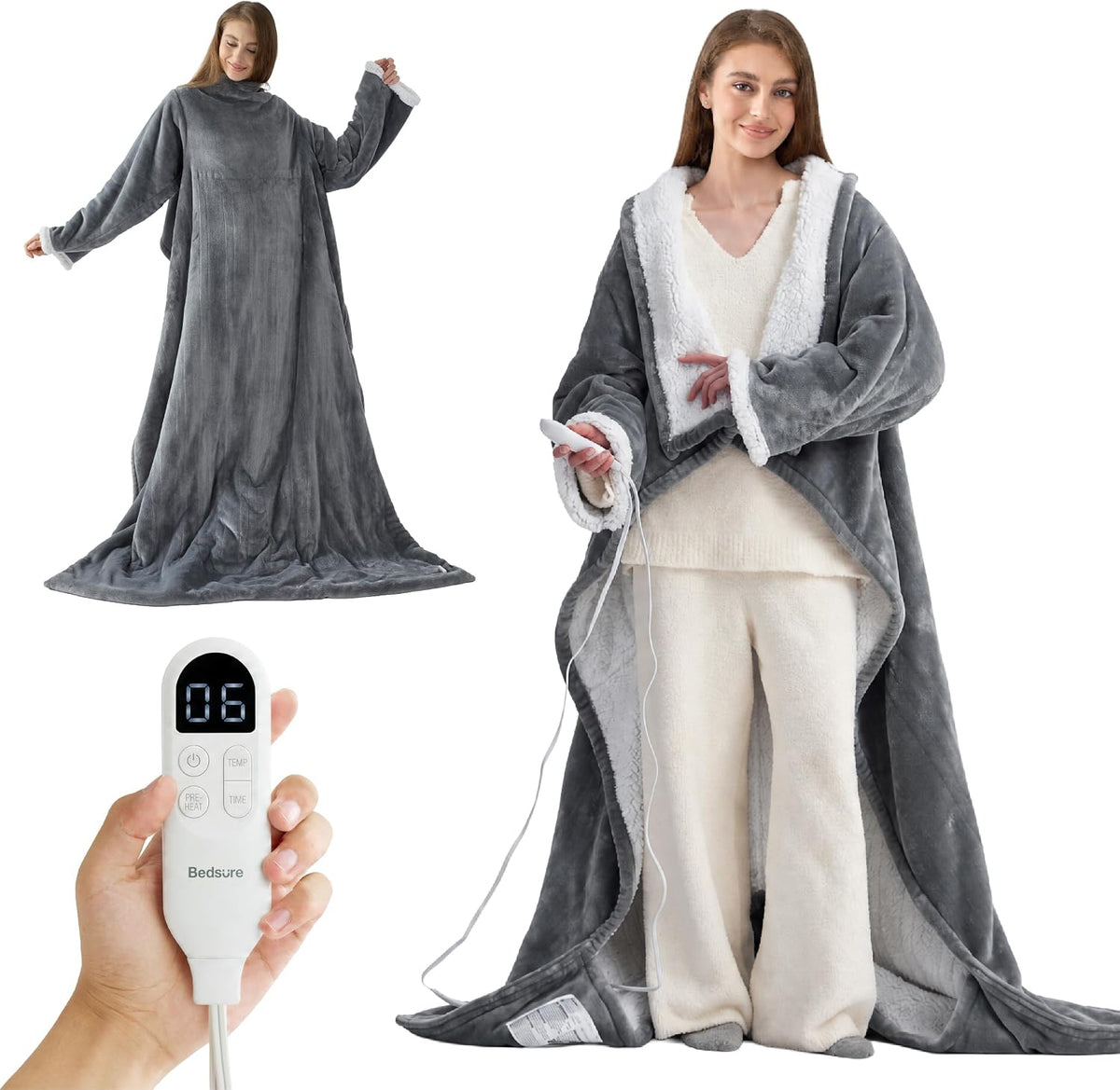 Bedsure Wearable Heated Blanket with Foot Pocket & Sleeves, 50X71+18", Grey