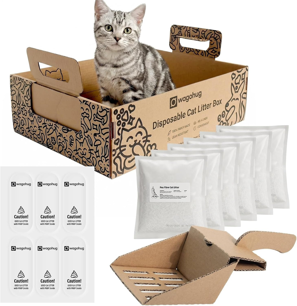 Cat Litter Travel Kit with Flushable Clumping Litter, Foldable Disposable Cardboard Litter Box & Scoop, Portable Cat Travel Essentials for Road Trips, Hotels, Moving & Emergency Use