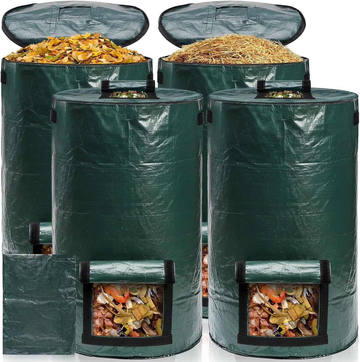 Tlence 4 Pack 34 Gallon Reusable Yard Waste Bags, Heavy Duty Lawn and Leaf Bags, Collapsible Garden Waste Containers with Bottom Window & Handles for Outdoor, Green