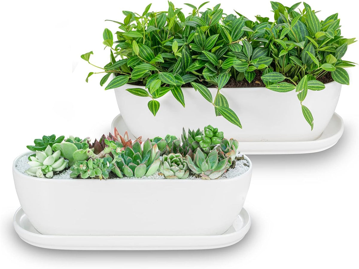 E-Liu 11+14 Inch Ceramic Plant Pots with Drainage Holes Saucers, Set of 2