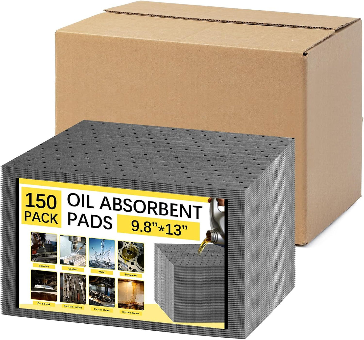 150 Pack Oil Absorbent Pads, Polypropylene Oil Spill Mat 9.8 X 13 Inch Water Absorbent Garage Accessories Dry Oil Pads Reusable Absorbing Protecting Sheets for Automotive, Workshop, Basement, Home