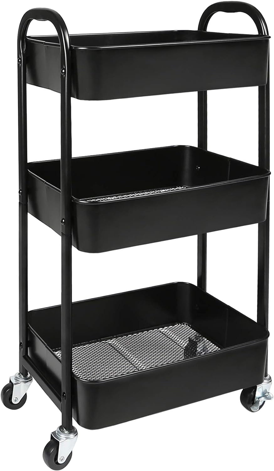 3-Tier Rolling Utility Cart with Caster Wheels Easy Assembly, Black
