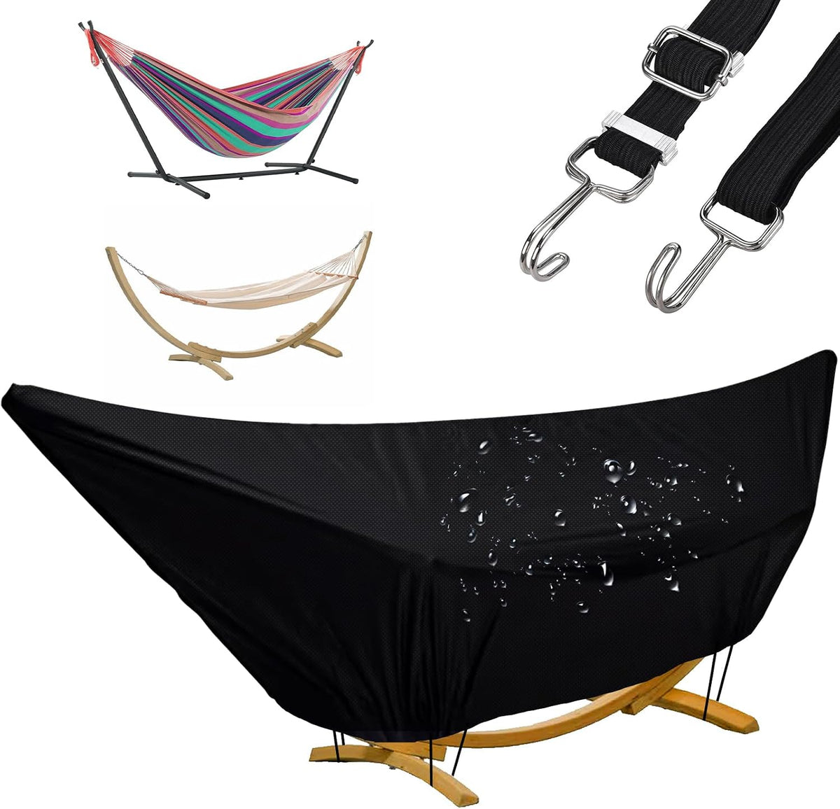 Outdoor Waterproof Hammock Cover for 11-12FT Hammock Stand,With Zip and Elastic Ropes,And It Has Windproof Effect,420D Heavy Duty Oxford (Black,11-12Foot)