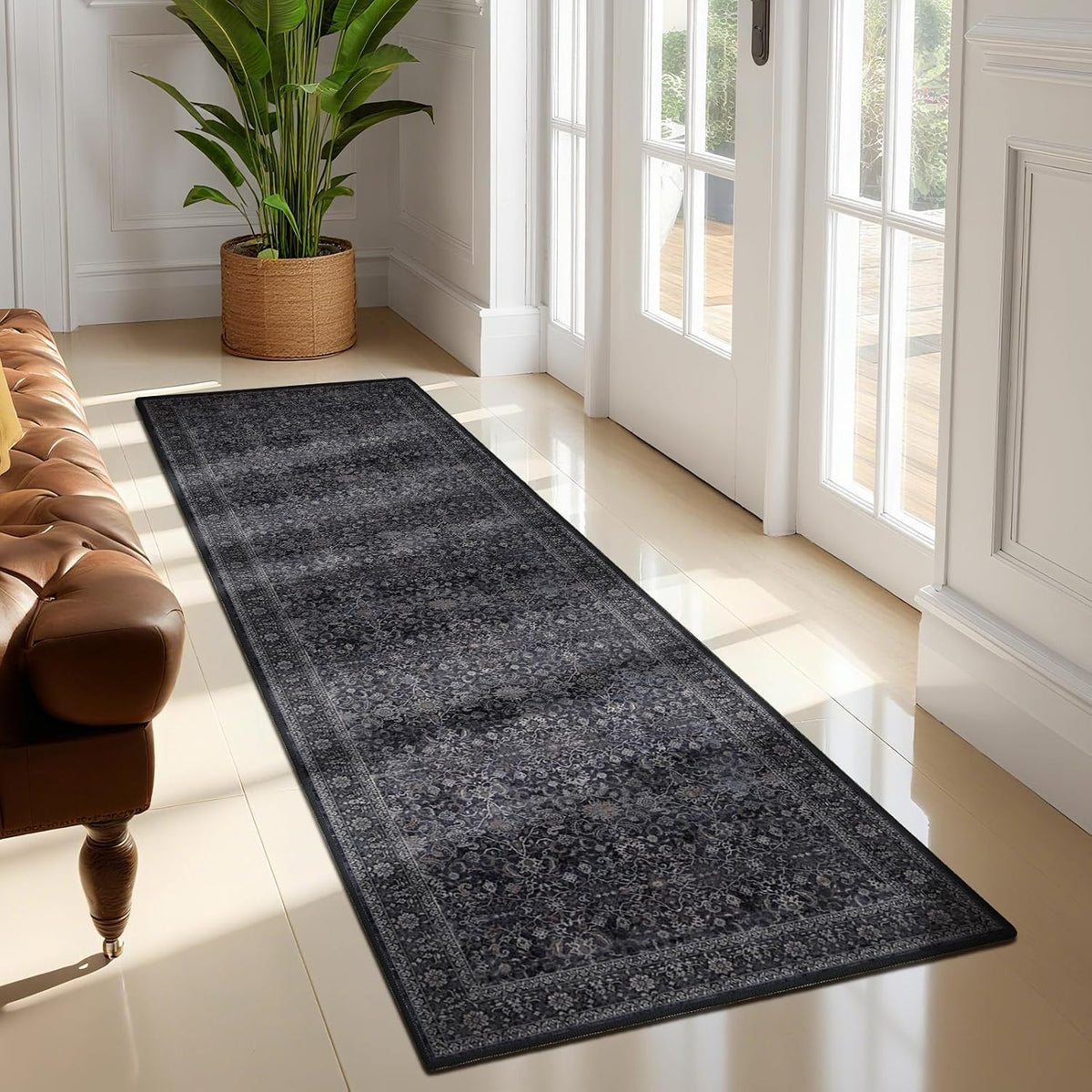 Dark 2X6 Runner Rug for Hallways Entryway, Vintage Earth Tone Kitchen Bathroom Runner 6Ft, Non Slip Washable Low Pile Thin Carpet Runner for Mudroom/Laundry Room/Bedroom Bedside, Midnight