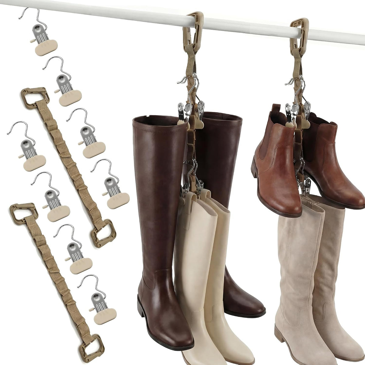 WVX Boot Hangers for Closet (2 Pack) - Vertical Boot Storage Organizer with 8 Non-Marking Clips for Hanging - Adjustable Strap Holder for Tall Boots, over the Knee & Riding Boots