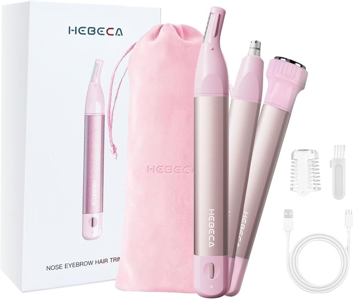 HEBECA Nose Hair Trimmer for Women 3In1 Facial Hair Removal Trimmer - Metal Body, Rechargeable, Waterproof, Portable - Nose, Ear, Eyebrow, Peach-Fuzz, Lips, Chin (Pink)