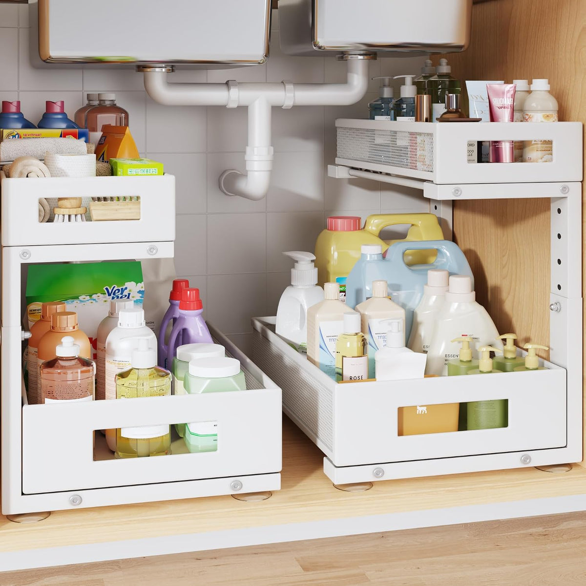 2-Pack under Sink Storage Organizer, Large 2-Tier Elegant Mesh Pull Out Shelf for Kitchen and Bathroom Cabinet Organization, L-Shaped and Adjustable Height Design for Maximum Space Efficiency-White