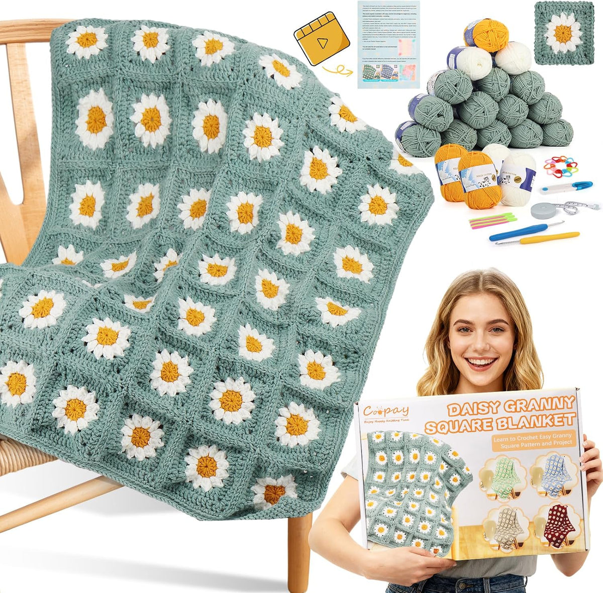 Coopay Crochet Kit for Beginners, Easy Granny Square Crochet Blanket Kit
