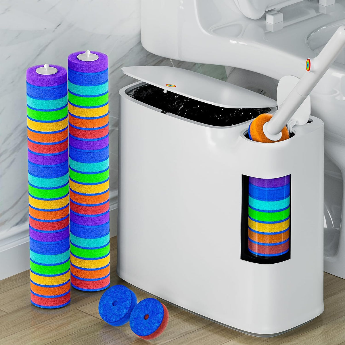 CTIME Bathroom Trash Can and Toilet Brush Set, 42 Disposable Refill Heads