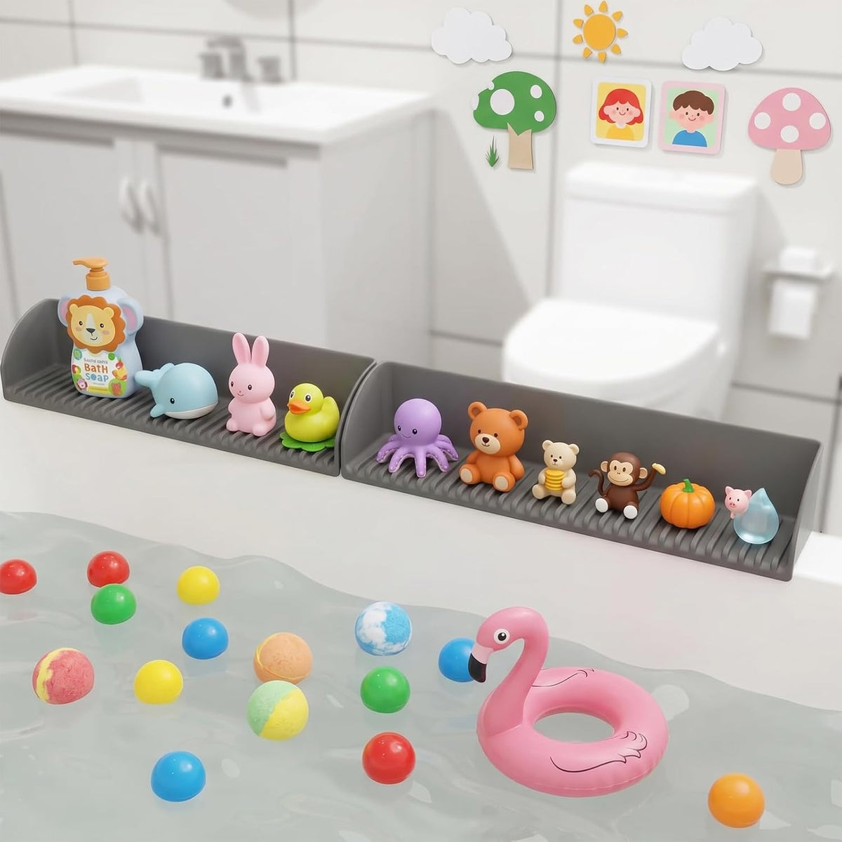 Pandaear 2 Pack Bathtub Splash Guard, Silicone Bath Toy Organizer Shelf