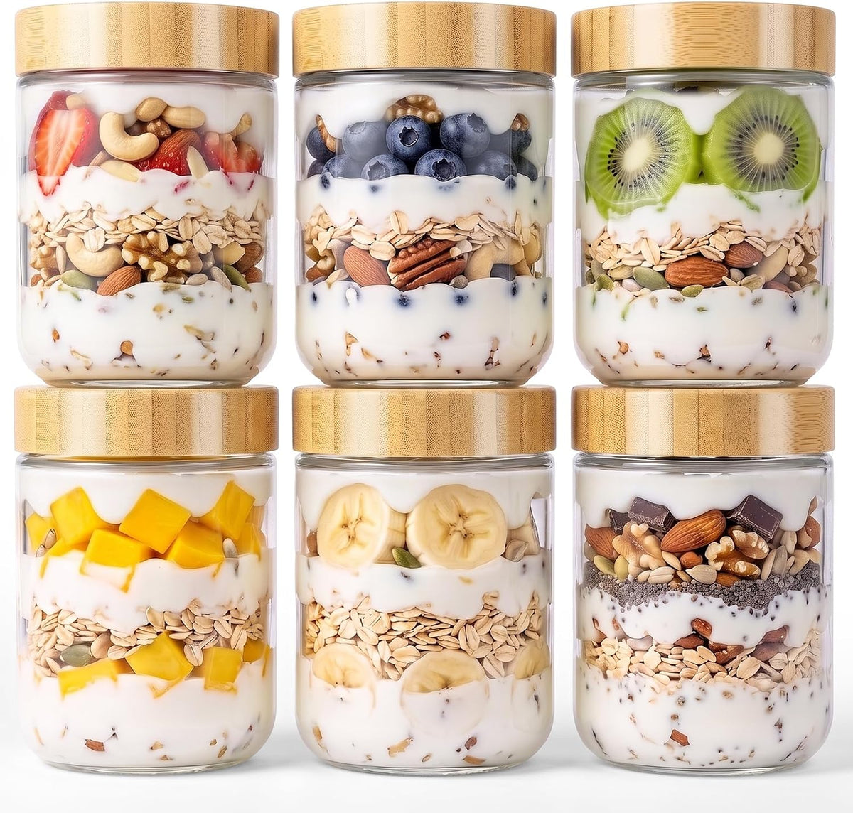 Overnight Oats Containers with Bamboo Lids, 16 Oz Leakproof Glass Jars