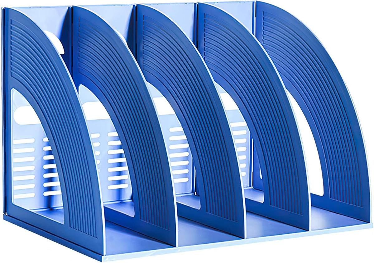 SAYEEC File Holder Storage Folder 4 Compartment Standing Desktop Hollow Organizer Blue Files Shelf Frame Thicken Plastic Paper Notebook Magazine Bookstore for Office School Supplier Students