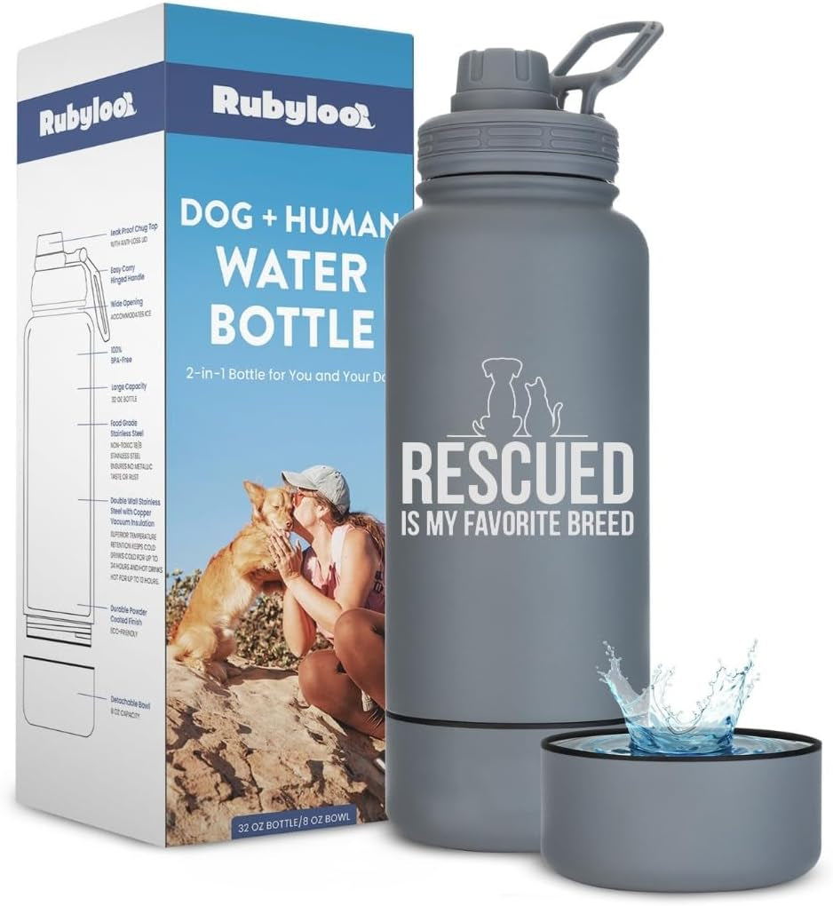 Rubyloo Dog Water Bottle W/Detachable Bowl for Dog Lovers, Favorite Rescue