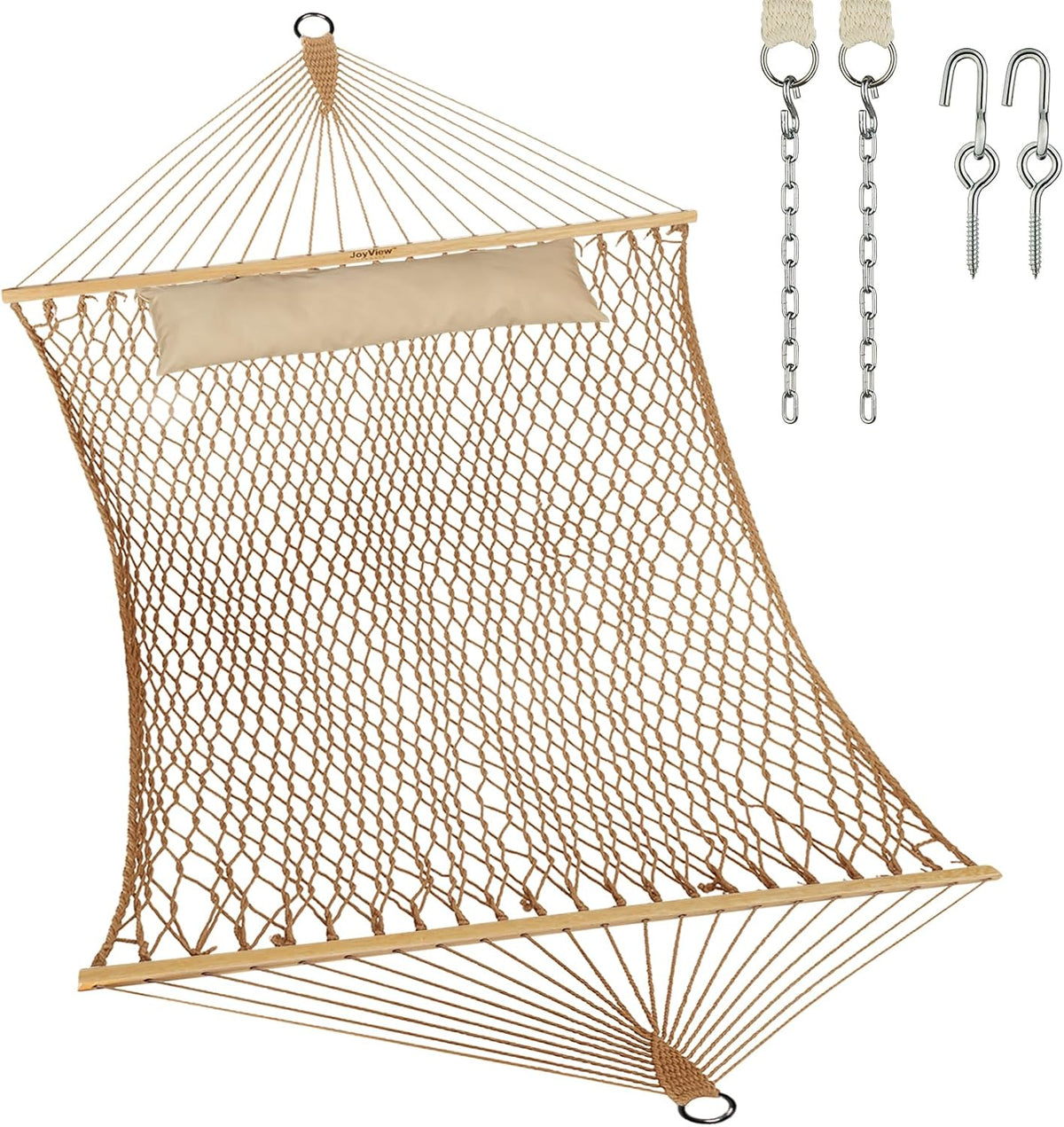 Joyview Traditional Rope Double Hammock - Hand Woven Cotton Hammock with Hardwood Spreader Bar and Pillow 450Lb Capacity for Outdoor Indoor Patio Yard - Brown